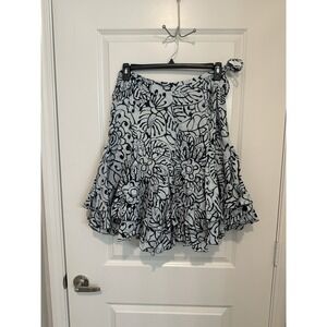 Lafayette 148 NY Linen Tiered Ruffle Hem Floral Skirt Size 12 Black White A-Line